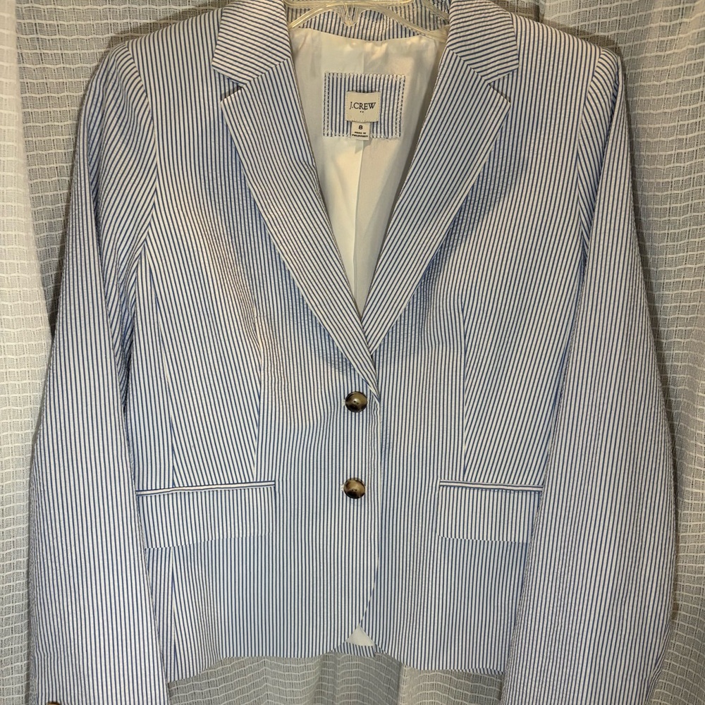 J. Crew Women's Blue and White Pinstripe seersucker Blazer